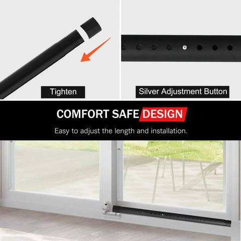 1.25 Inch Diameter Sliding Door Security Bar For Home, Adjustable From 17.1 To 40 Inches, Black Stainless Steel Patio Glass Door Lock Bar With Rubber Tips, Rust Resistant, Durable Security Bar For Sliding Doors And Windows, shown installed on patio door with close-up on adjustment feature.