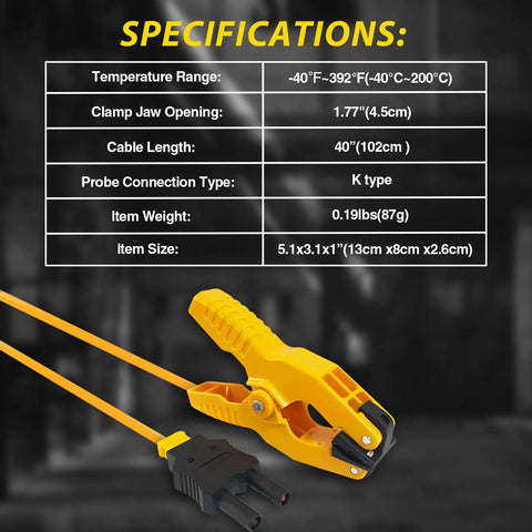 Yellow HVAC temperature clamp with banana plug adapter and black connector, K-type thermocouple pipe clamp
