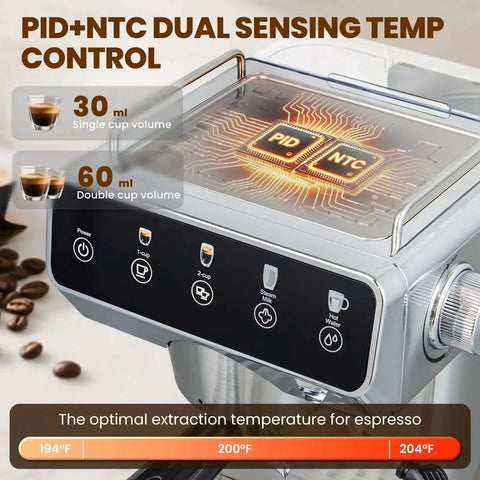 Espresso Machine With 20 Bar Pressure, Touchscreen Interface, Milk Frother And Hot Water, stainless steel close-up view