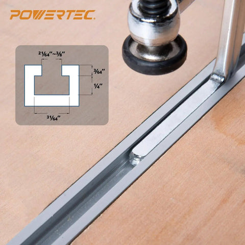 Close-up of Beefy Quick Screw Down Guide Rail Clamps showing 5-3/8 inch opening and 2-3/8 inch throat depth on a worktable.