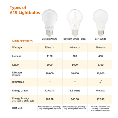 Comparison chart of A19 LED light bulbs showing daylight and soft white options with different wattage, lumens, and uses