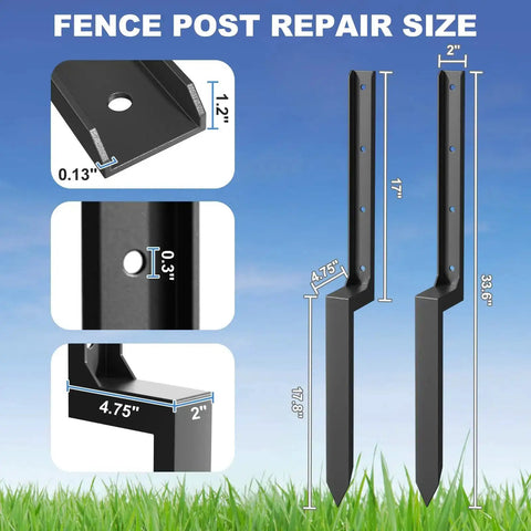 Six Pack Fence Post Repair Kit with 33.6 inch ground stakes and thickened steel anchor spikes, size dimensions shown