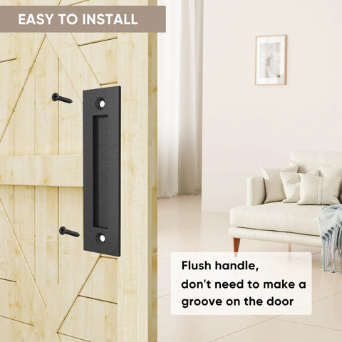 8-3/5 Inch Sliding Barn Door Handle Matte Black Finger Pull Flush Mount shown installed on wooden door with screws