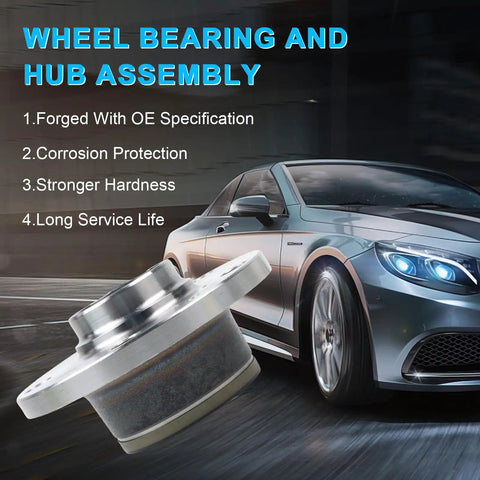 Rear Wheel Bearing Hub Assembly 5 Lug With ABS 2 Pack, close-up view with features listed, car shown in background