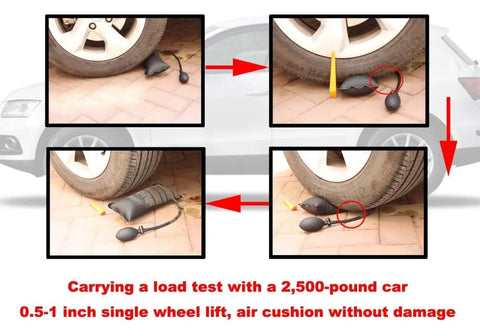 Beefy Heavy Duty Three Piece Air Wedge Bag Pump Kit lifting a vehicle wheel for precise leveling and alignment.