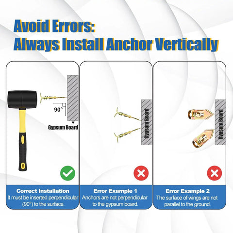 Diagram showing correct vertical installation and errors for Self Drilling Drywall Anchors With Screws Kit 200 Pcs Heavy Duty Metal Expansion Anchors For Sheetrock No Drill Needed 80 Lb Rating 2026 Upgraded Anti Strip Design Diamond Tip Easy Fast Install.