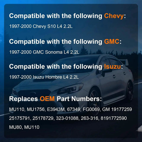 Text listing compatibility for 1997-2000 Chevy S10, GMC Sonoma, Isuzu Hombre with fuel pump assembly, features car.