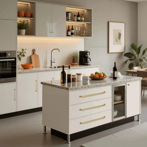 Champagne Bronze Modern Cabinet Pulls 3 Pack With 12.6 Inch Center Hole And 13 Inch Total Length installed on kitchen drawers