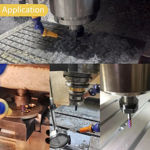 Pro Grade 5 Pc One Thirty Second Inch Solid Carbide Square End Mills Set For CNC Milling shown in use on metal surfaces