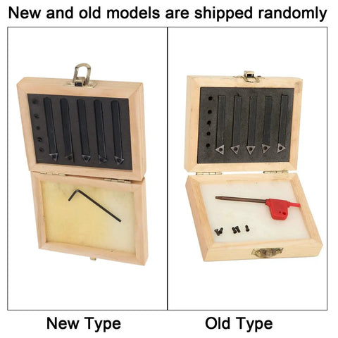 Image of new and old models of Five Piece One Quarter Inch Indexable Turning Tool Set With Cemented Carbide Inserts in wooden cases.