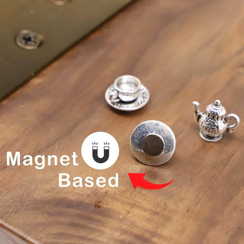 Hinge Head Silver Tea Set Door Decor Toppers Three Pack Magnetic Miniature Teapot And Cup Figurines for doors shown on wood surface