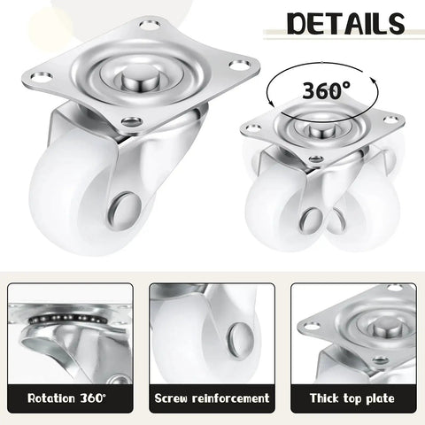 Low Profile Furniture Casters Set Of 24 Small Swivel Wheels with Silent 360 Degree Top Plate Showing Design and Details