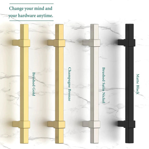 Matte Black Cabinet Pulls 5 Inch 128mm Hole Centers Set Of 10 Durable Metal Construction beside other finishes on marble background