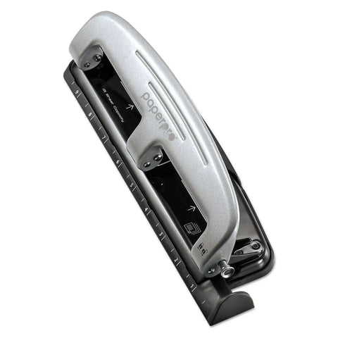 EZ Squeeze 12 Sheet Three Hole Punch With No Jam Tech, all-metal office punch, silver and black, built-in ruler and paper guide