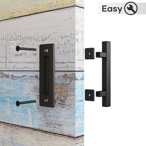 2 Pack 10 Inch Sliding Barn Door Pull Handle With Flush Hardware Double Sided Heavy Duty Rustic Matte Black Powder Coated Easy Install Square Design Solid Steel Construction Smooth Chamfered Edges For Safe Comfortable Grip showing installation on door.