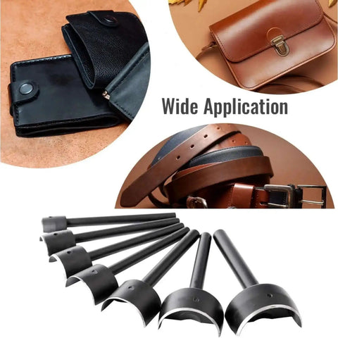 Half Round Leather Punch Cutter 40mm Semicircle Punch Tool For Belt Ends Wallet Edges Handbag Crafting displayed with leather items.