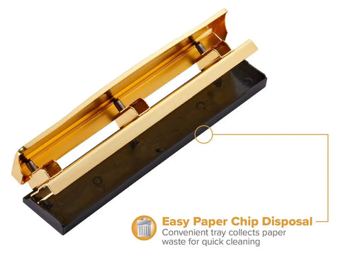 Gold 3 Hole Punch For 12 Sheets Durable Metal Office Punch with no mess chip tray and easy clean feature for office use.