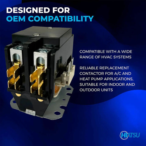 2 Pole 40 Amp 24V HVAC contactor for AC heat pumps and refrigeration, front view, durable design, shown on blue background.