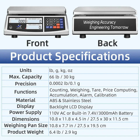 Heavy Duty Industrial Counting Scale 30kg 66lb With 0.1g Precision; digital scale front and back view with specification details.