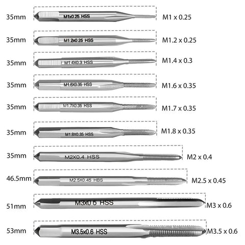 Micro Taps Bit Set 10Pcs Metric Hand Taps M1 To M3 Point Five High Speed Steel HSS sizes from M1x0.25 to M3.5x0.6 labeled in a row