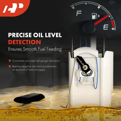 Precise oil level detection for smooth fuel feeding showing fuel gauge and pump mechanism close-up.