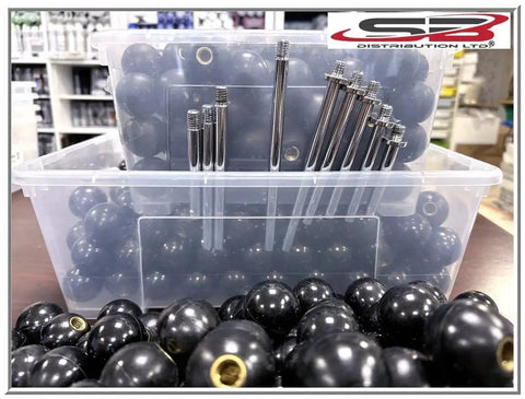 Heavy Duty Black Phenolic ABS Female Ball Knob With Brass Insert 3/8-16 Thread, bulk view in clear storage boxes