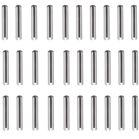 30 Pack Slotted Spring Pins Stainless Steel 6mm By 35mm arranged in rows for DIY projects and automotive machinery heavy duty use.