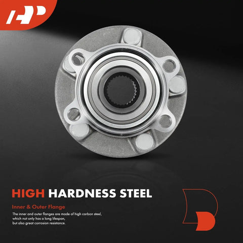 Front view of rear wheel bearing and hub assembly for Mazda CX 9 AWD 2016-2023, 5 lug, high hardness steel, heavy duty replacement.