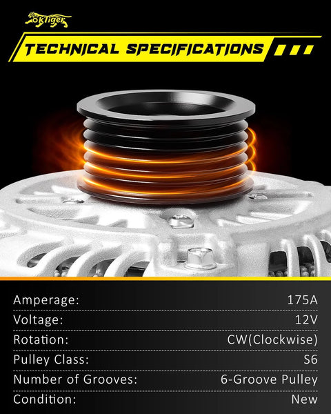 Beefed-Up 12V 175A Alternator for Ford Expedition 2011-2014 5.4L and F450 F-550 Super Duty 2013-2016 6.8L, showing 6-Groove Pulley