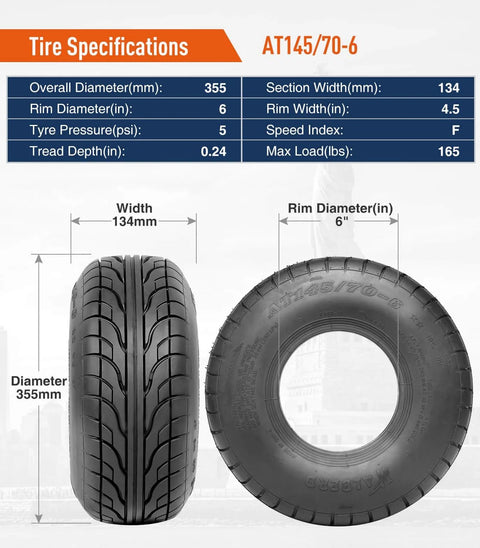 Go Kart Street Tires 145/70-6 Tubeless 4 Ply For Mini Bikes And ATVs, Off Road All Terrain Set Of 2, 14 Inch Diameter, 6 Inch Rim