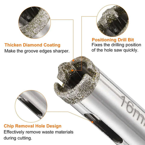 Close-up of a Diamond Drill Bit Hole Saw 16mm Core Cutter for Glass Tile Marble Porcelain Quartz Gemstone Aquariums with center guiding bit