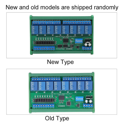 RS485 Relay Board 24V Industrial Relay Module comparison of new and old models with 8 inputs and outputs for control, PLC expansion.