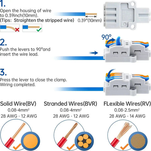 Step-by-step usage instructions for 10 Pack Lever Wire Connectors for Quick Wiring Push In Conductor Terminal Block.