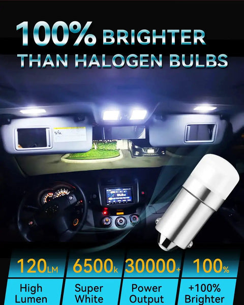 Interior view showing BA9S LED Bulbs 12V Bi Polar Replacement For Indicator Lights Car Dome Map Trunk License Plate Courtesy Step Light White Pack Of 10 Easy Plug And Play Ideal For 1893 1895 1815 1816 53 57 Bulbs illumination.