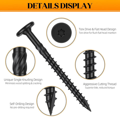 Heavy Duty Exterior Deck Screws For Timber And Log With Rust Resistant Four Layer Epoxy Coating Torx Drive T30 Bit Included Size Fourteen By Two And Seven Eighths Inches Fifty Pack Black Finish showing details of the Torx drive and unique knurling design