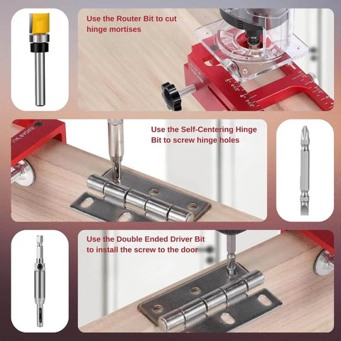 Pro Grade Door Hinge Mortising Jig With Red Aluminum Template Kit and Router Guide showing mortising process on wood.