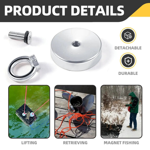 60 Mm Fishing Magnet Kit 500 Lb Neodymium Heavy Duty Retriever With 65 Ft Rope showing magnet, screw, and eye bolt
