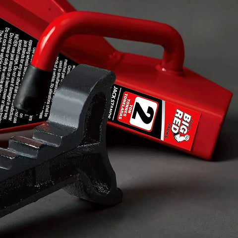 Close-up of 2 Ton Steel Car Jack Stands Pair 4000 Lb Capacity With Welded Frame showing label and support structure.