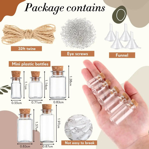 Awesome 25 Pack Mini Plastic Bottles With Cork Stoppers And Eye Screws, Includes 32.8 Ft Rope And 5 Funnels for DIY Crafts