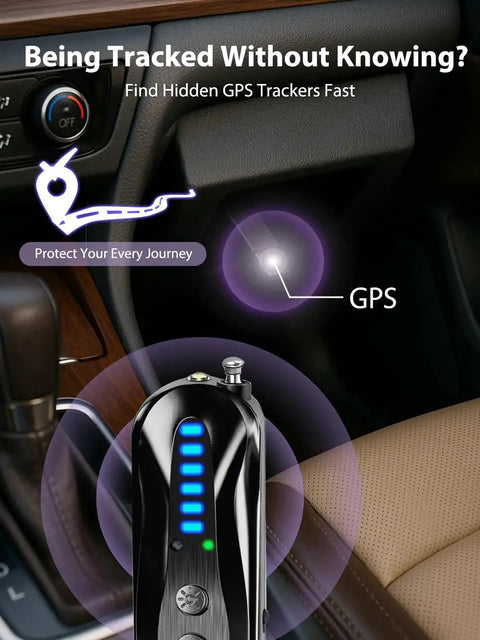 Infrared Pin Hole Camera Finder And Wireless Detector locating GPS in car interior, highlighting hidden tracker detection feature.