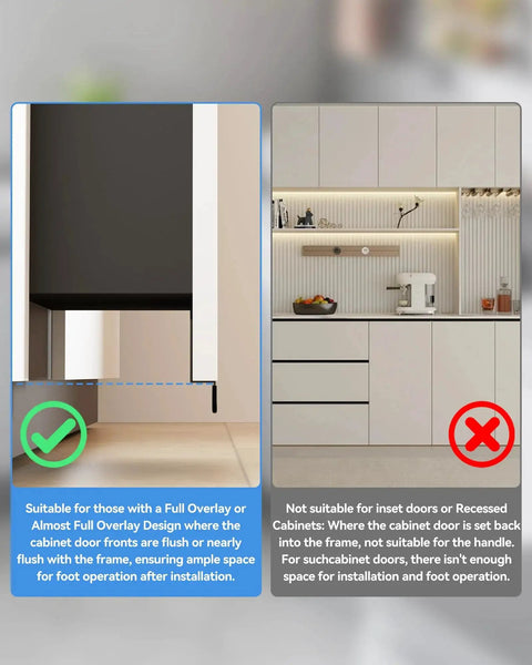 Diagram comparing suitability of Foot Pull For Trash Cabinet Drawer With Touchless Hands Free Operation For Full Overlay Doors Black Finish.