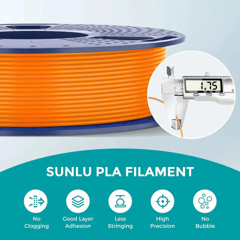 Sunlu PLA filament spool in orange with 1.75mm gauge measurement displayed, close-up view