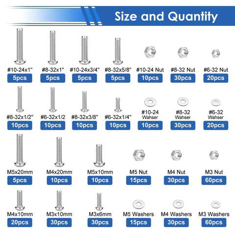 495 Pcs SAE And Metric Nuts And Bolts Kit With 26 Sizes M3 M4 M5 To 10 To 24 Pan Head Fasteners And Washers Size Chart
