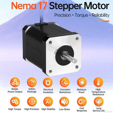 10 Pack Nema 17 Stepper Motors for DIY Makers and CNC Builders High Torque Bipolar 2 Phase 1.8 Degree Step Angle 0.84 Nm 118.95 Oz In 60 mm Frame 2.3 A 1.5 Ohm 4 Lead Shaft 24 mm Long 5 mm Diameter with 1 m Cable YEJMKJ shown in graphic highlighting features.