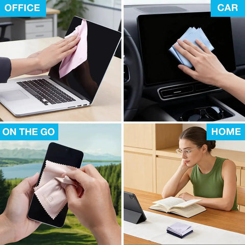 12 Pack Ultra Soft Microfiber Lens Cloths For Glasses Screens Cameras used on laptop, car screen, phone, and in a home setting