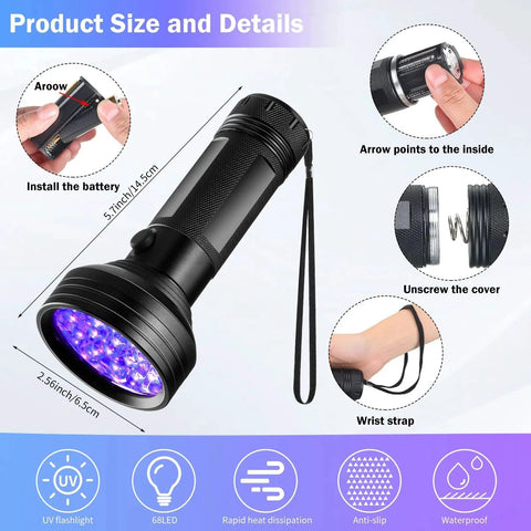 Refrigerant Leak Detector Kit With LED Light For Auto AC Halogen Gas Leak Tester UV Protective Glasses 3 Piece HVAC Detection Tool Set With Flashlight showing flashlight dimensions and features