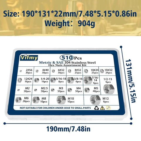 Two In One Hex Nut Kit For DIY And Automotive, 510 Piece SAE And Metric Nut Set, 304 Stainless Steel Nuts box dimensions