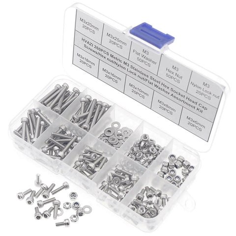 Metric M3 Stainless Steel Socket Head Cap Screws Kit With Hex Nuts Nylon Lock Nuts Flat Washers 260 Pc Set in a plastic box