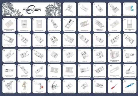Front collage of Aiskaer 48-pack sewing machine presser feet set; assorted foot types for Brother, Singer, Janome, more
