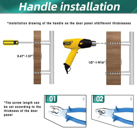 Installation guide for 40 Pack Brushed Nickel Stainless Steel Kitchen Cabinet Handles Drawer Pulls, showing screw length adjustment.